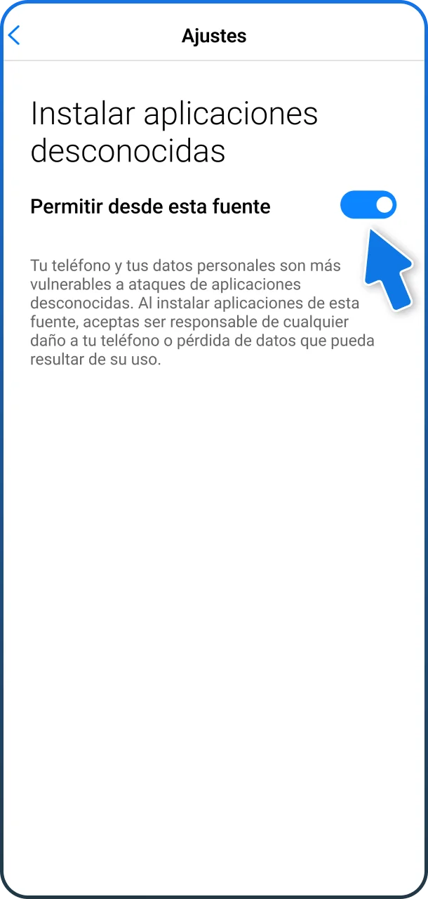 Recuerda activar fuentes desconocidas en la configuración de tu teléfono para el software de Stake.