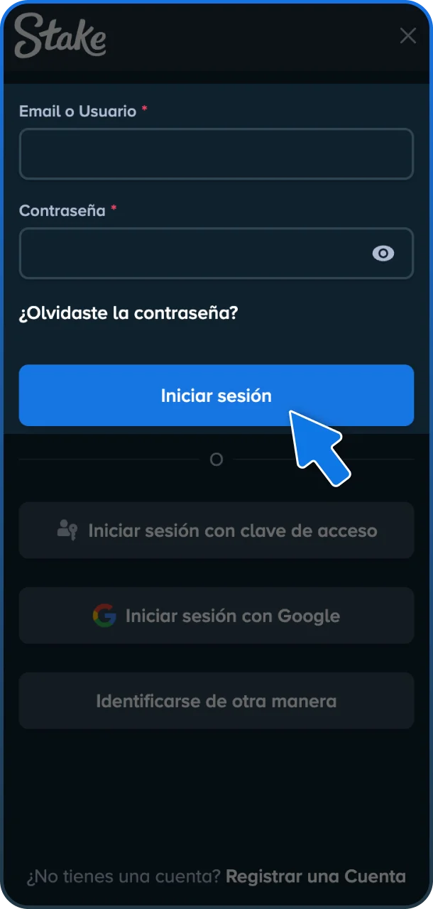 Completa el proceso al Iniciar sesión en tu cuenta ingresando tus datos de acceso en Stake.