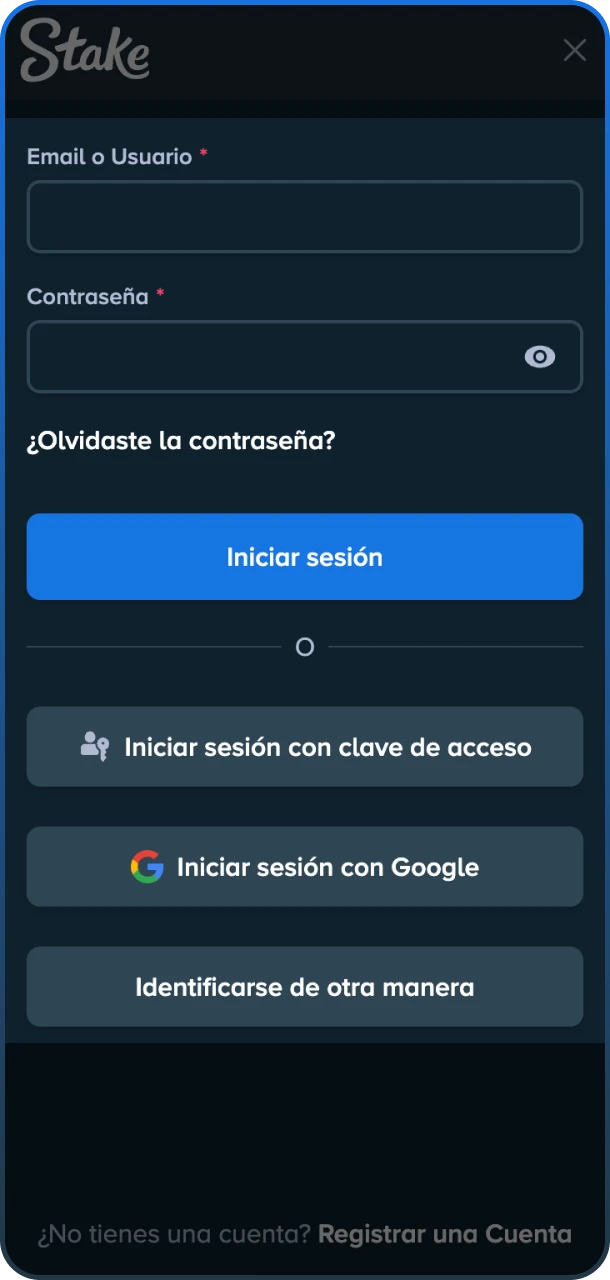 Inicia sesión o regístrate ingresando tus datos de acceso habituales en Stake.