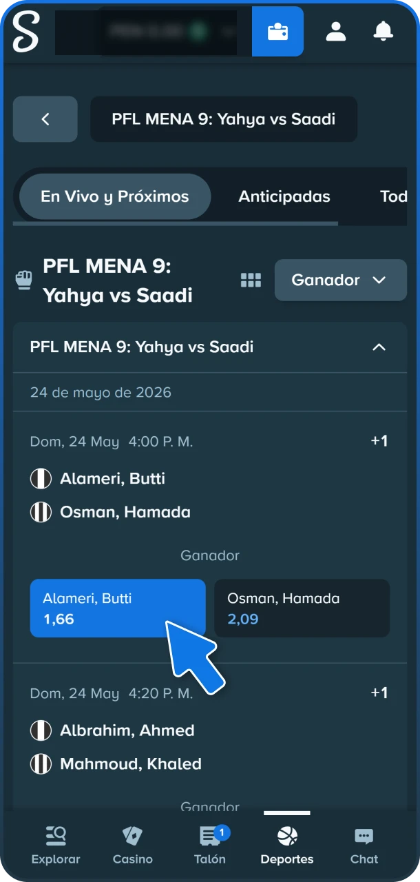 Navega a la sección MMA dentro del menú de deportes de combate en Stake.