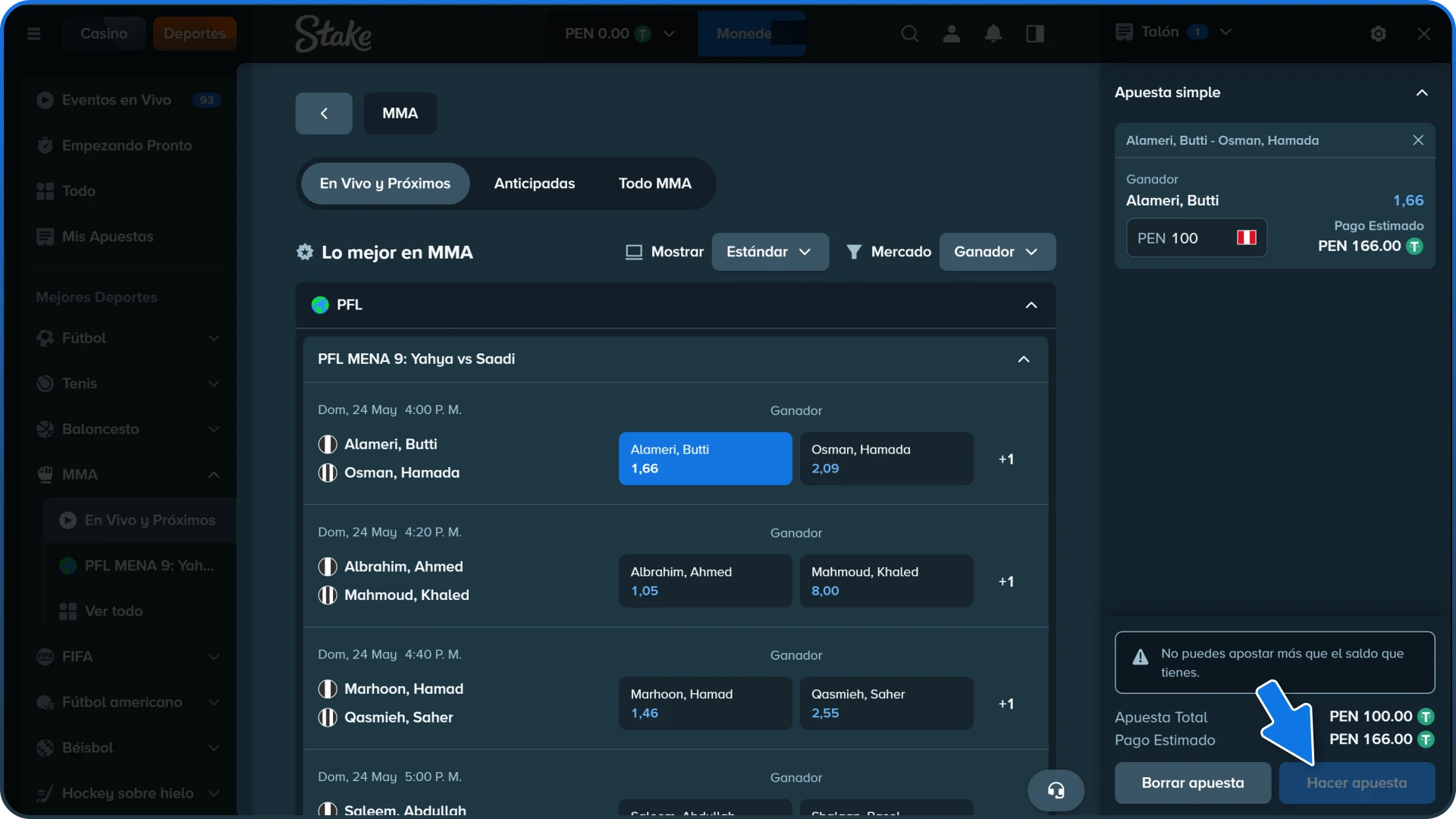 Selecciona tu mercado y confirma tu boleto de juego digital provisto por Stake.
