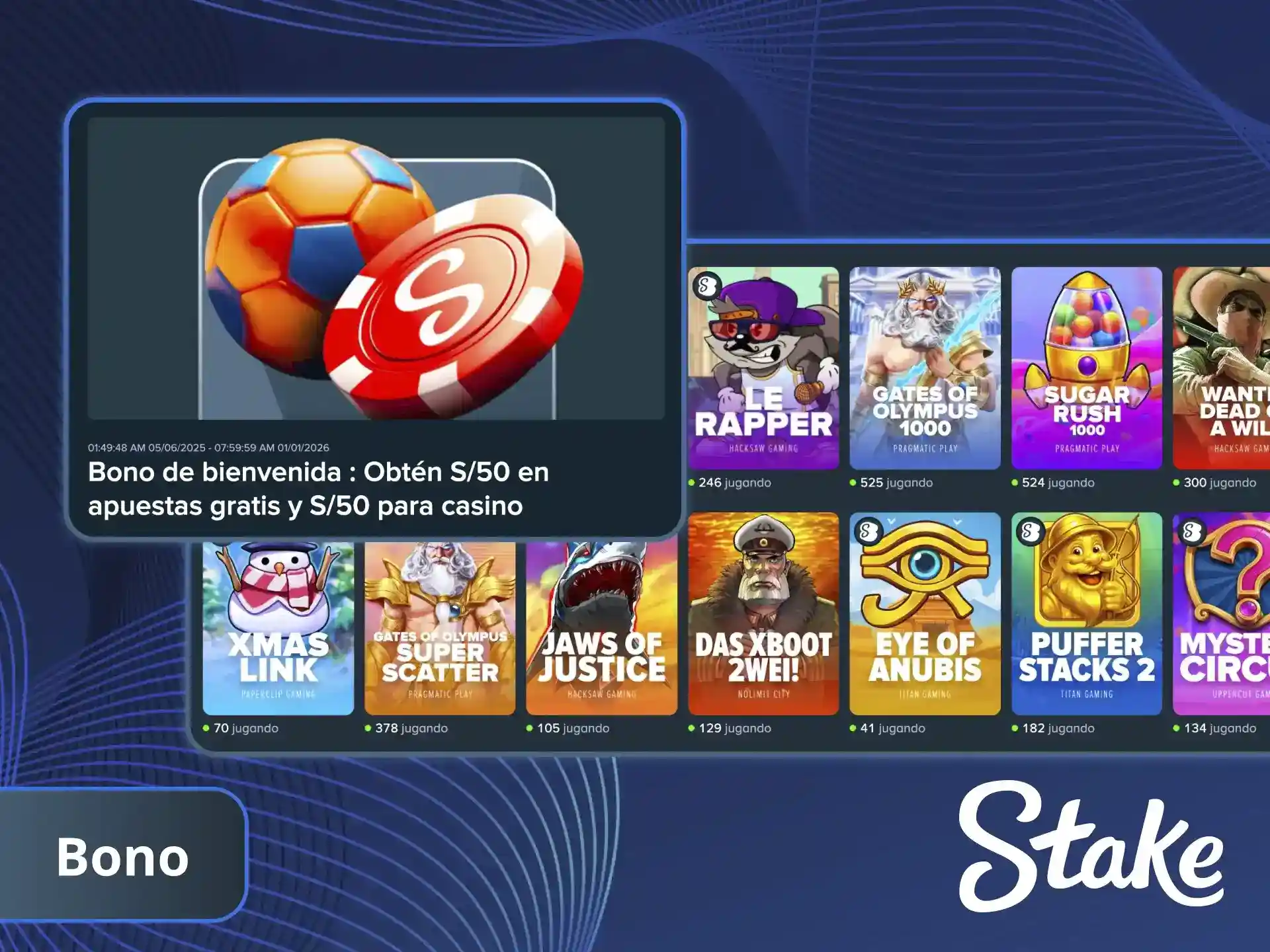 Aprovecha el Bono de bienvenida del casino en Stake y empieza a ganar.