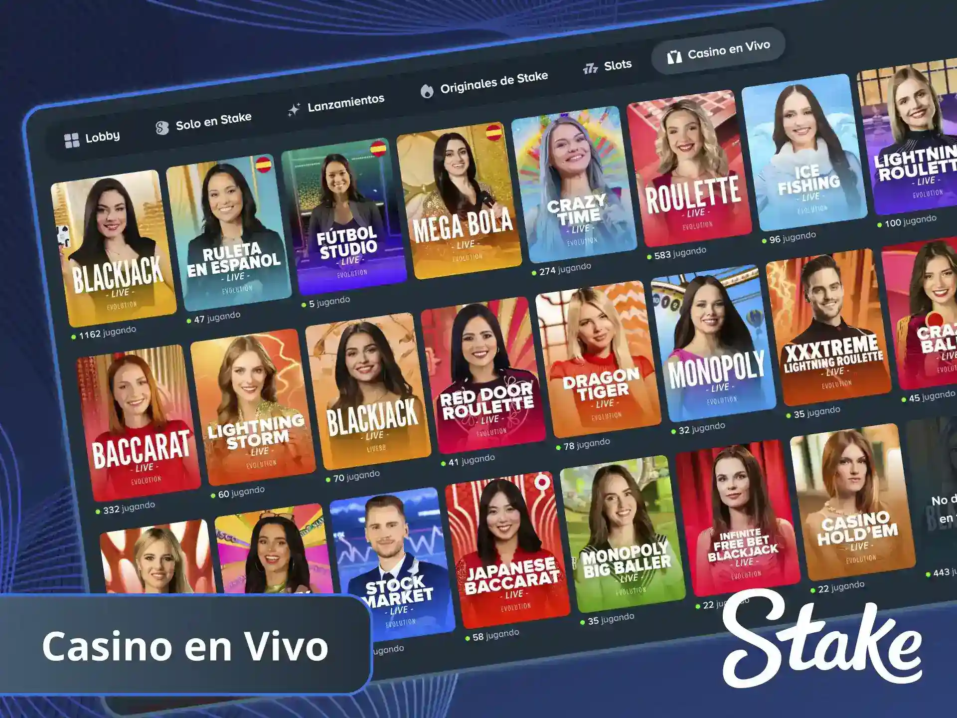 Vive la emoción del Casino en vivo de Stake con crupieres reales.